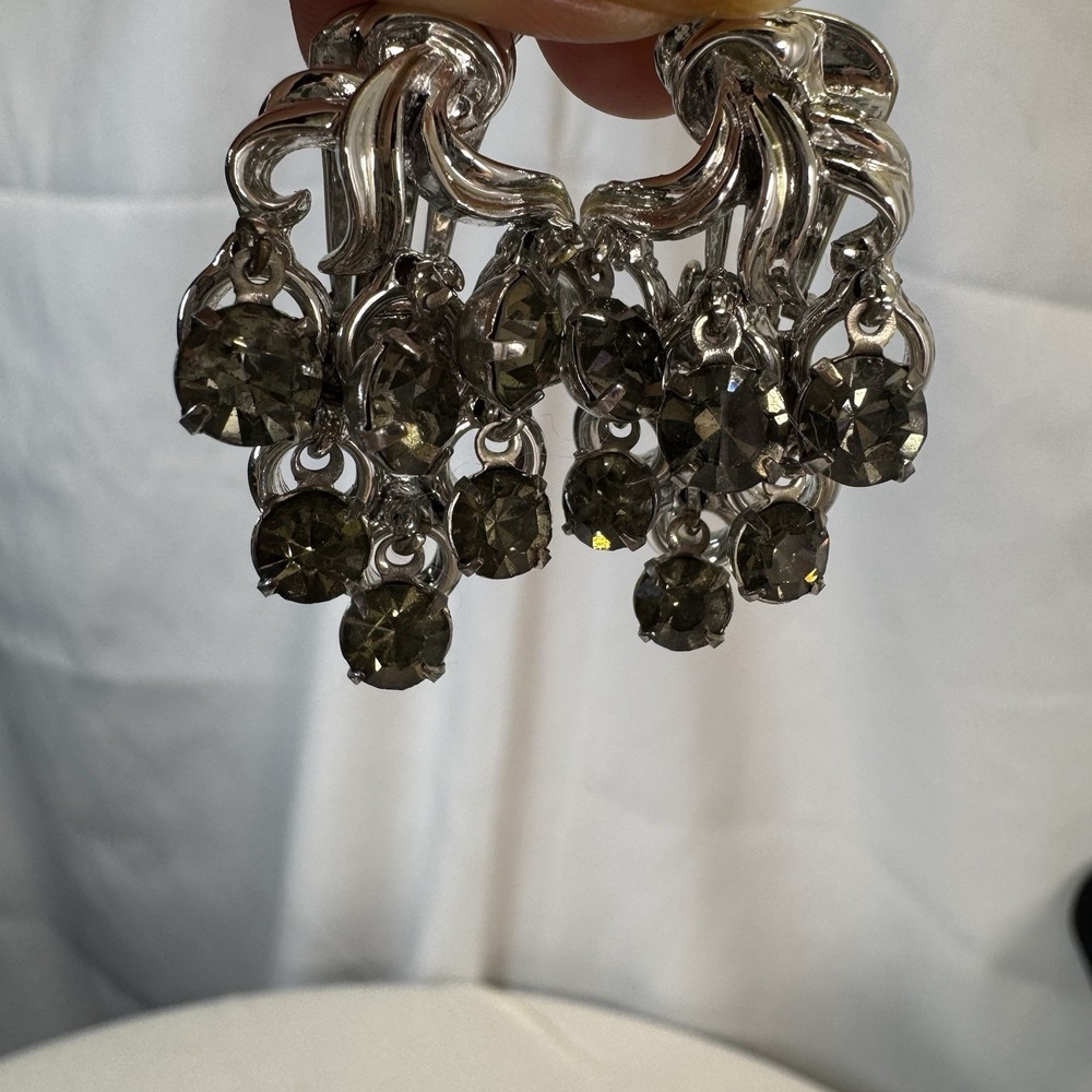 Silver Tone Clip On Earrings With Smoky Green Gems